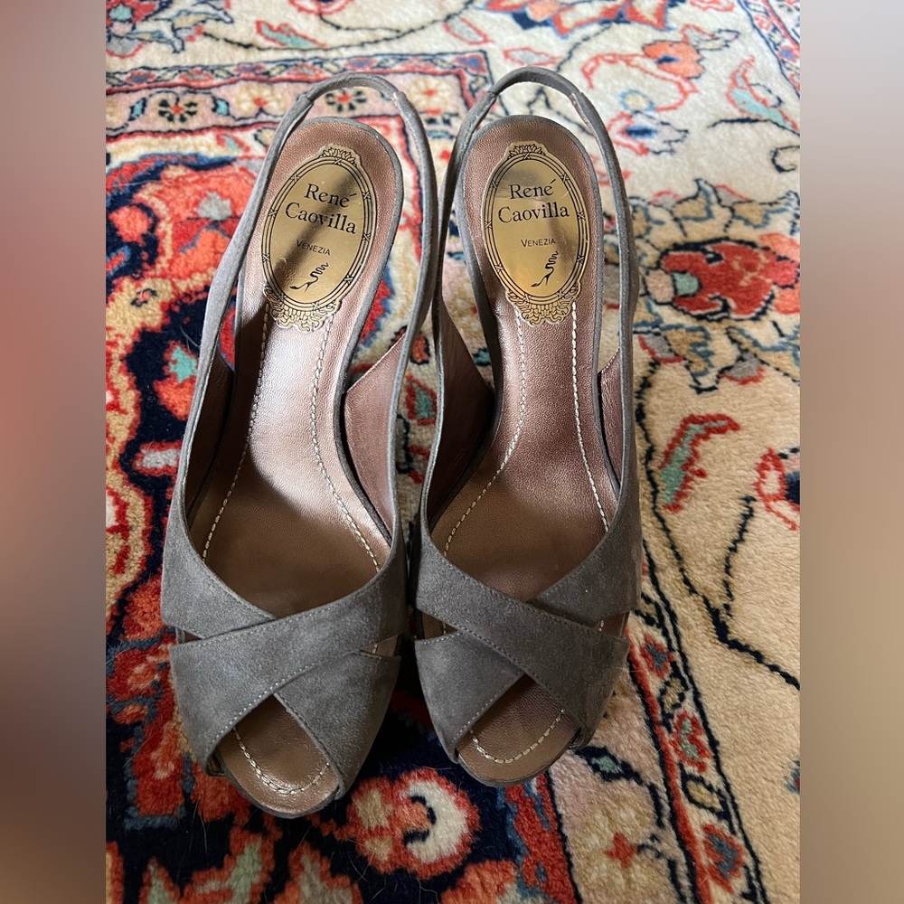 Rene Caovilla Gray Suede Heels w/ Rhinestones